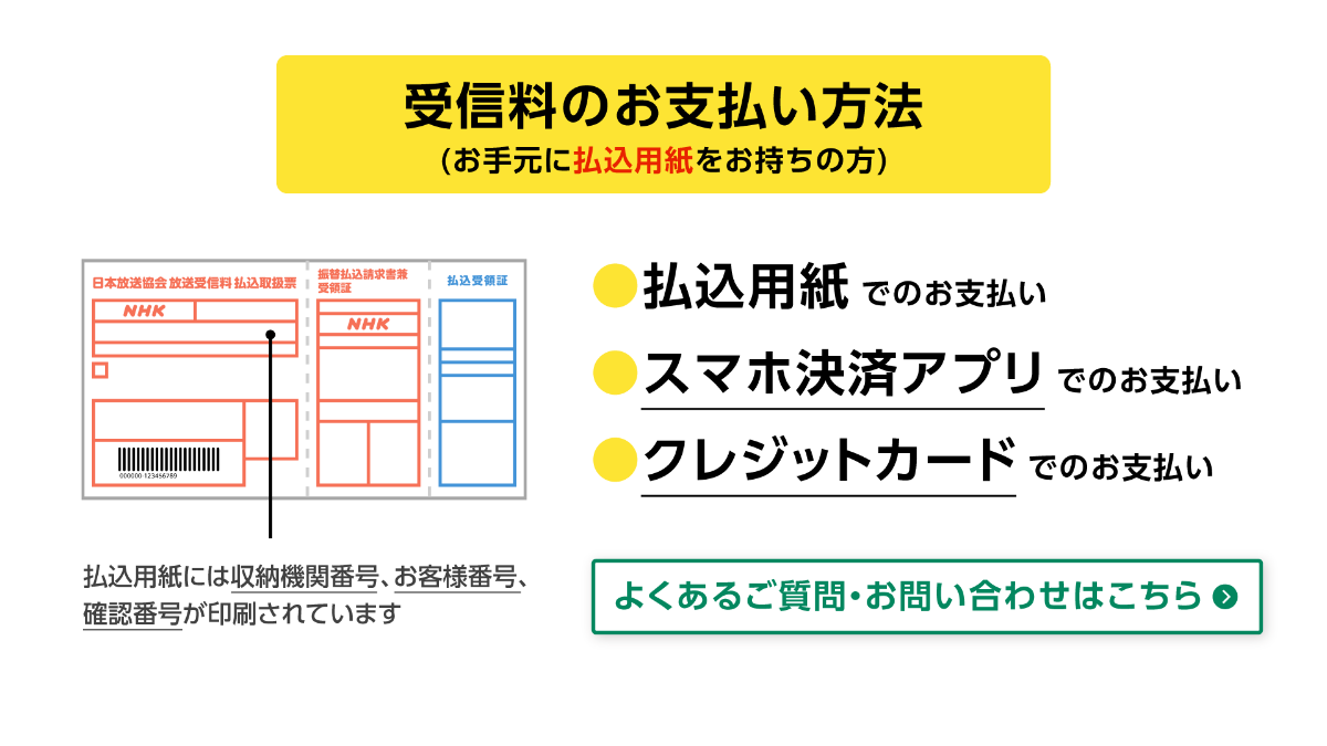 受信料のお支払い方法（お手元に払込用紙をお持ちの方）払込用紙でのお支払い、スマホ決済アプリでのお支払い、クレジットカードでのお支払い 払込用紙には収納機関番号、お客様番号、確認番号が印刷されています。よくあるご質問・お問い合わせはこちら