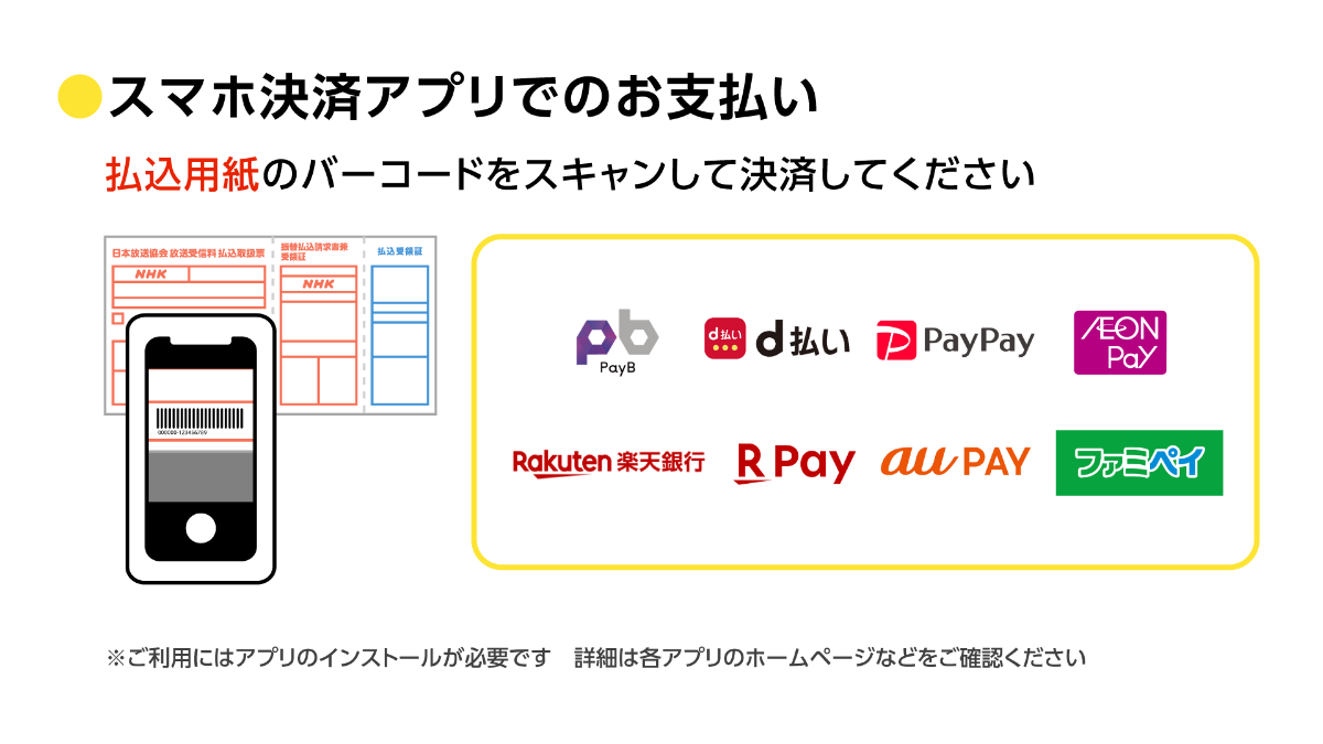 スマホ決済アプリでの支払い　払込用紙のバーコードをスキャンして決済してください　PayB、d払い、PayPay、IEONPay、楽天銀行、R Pay、au PAY、ファミペイ　※ご利用にはアプリのインストールが必要です　詳細は各アプリのホームページなどをご確認ください
