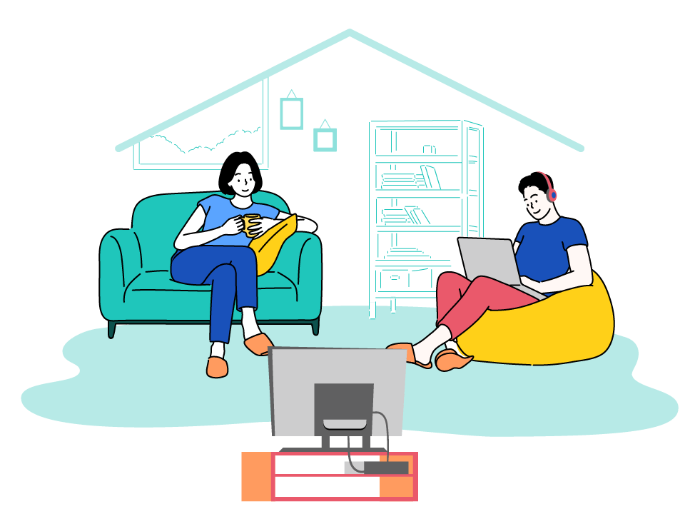 テレビがある家の中でくつろぐ男女のイラスト