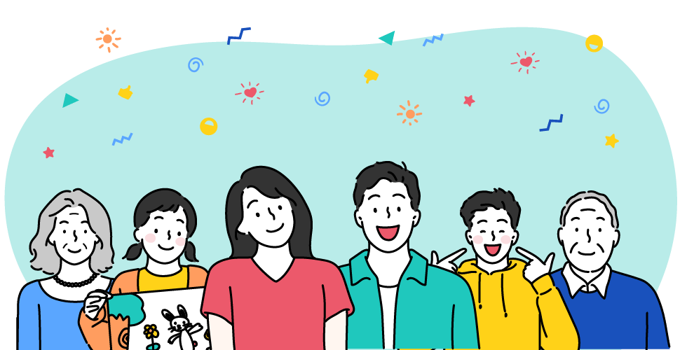 楽しそうな老若男女のイラスト